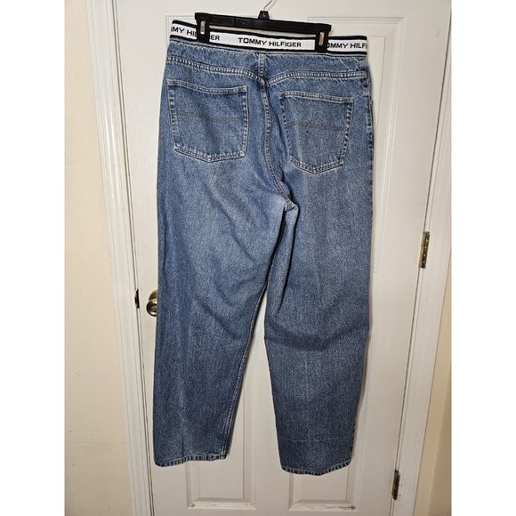 Vintage Tommy Hilfiger Jeans Mens 36x32 Blue Big Flag Straight Y2K Pants Baggy - Picture 8 of 12